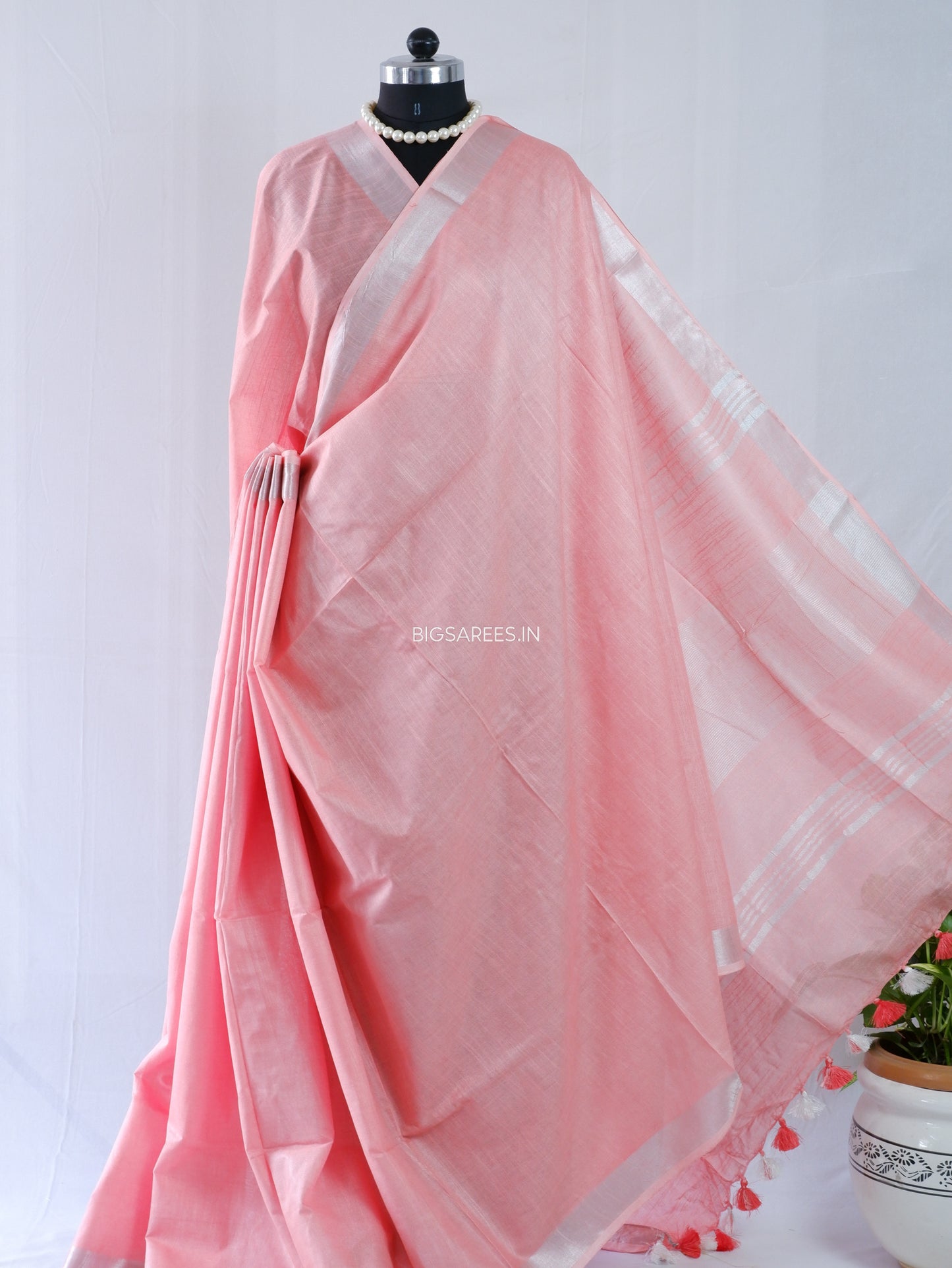 Cotton Linen Saree | Peach pink