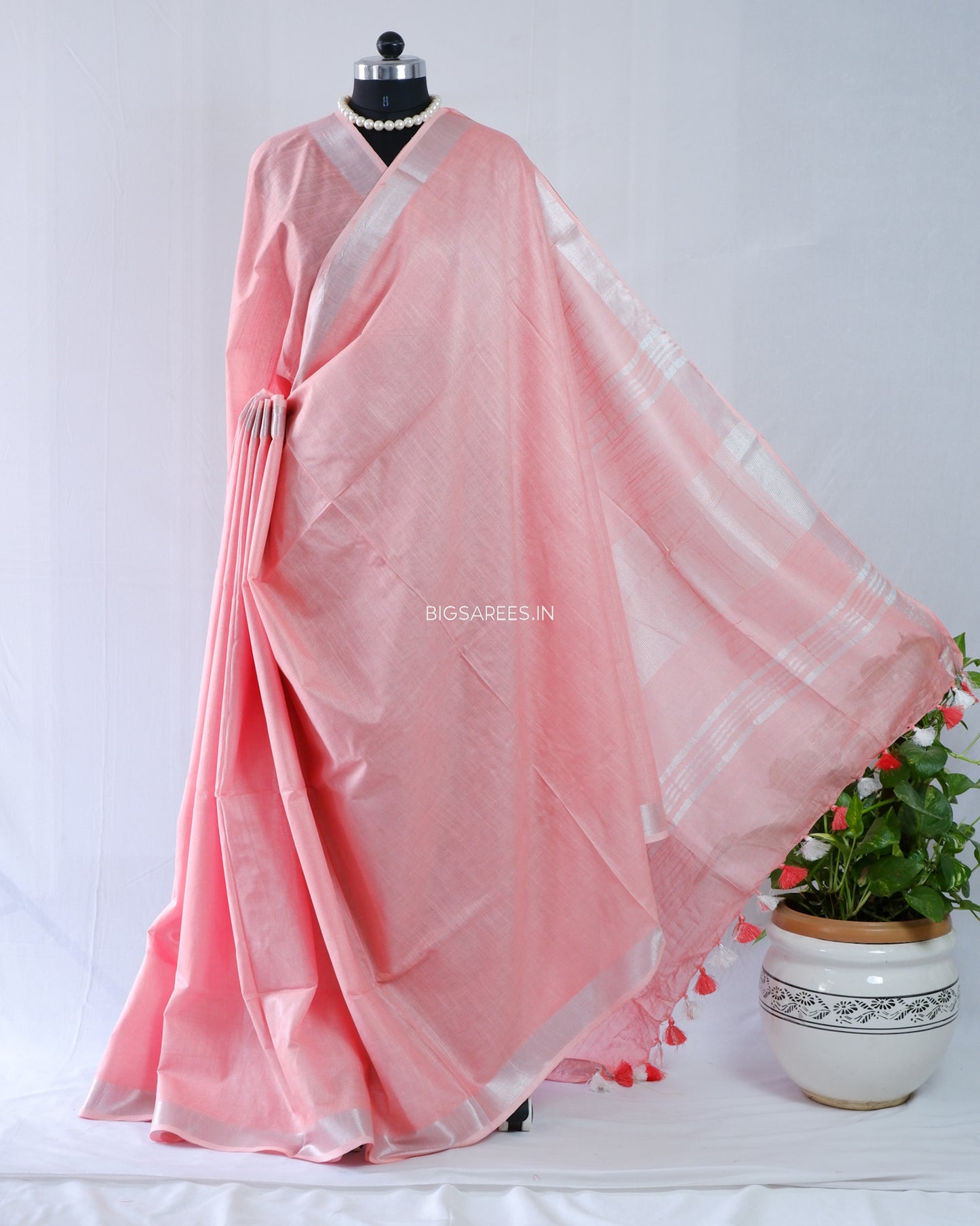 Cotton Linen Saree | Peach pink