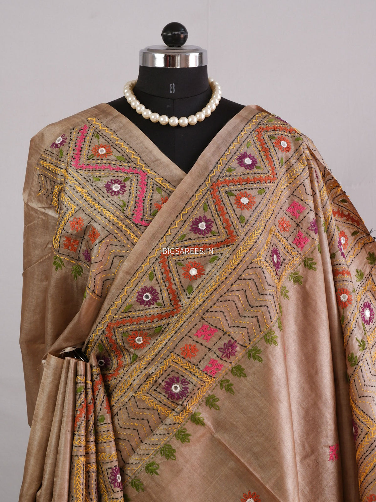Lambani Hand-Embroidered Saree | Gachi by Gachi Tassar Silk | Brown