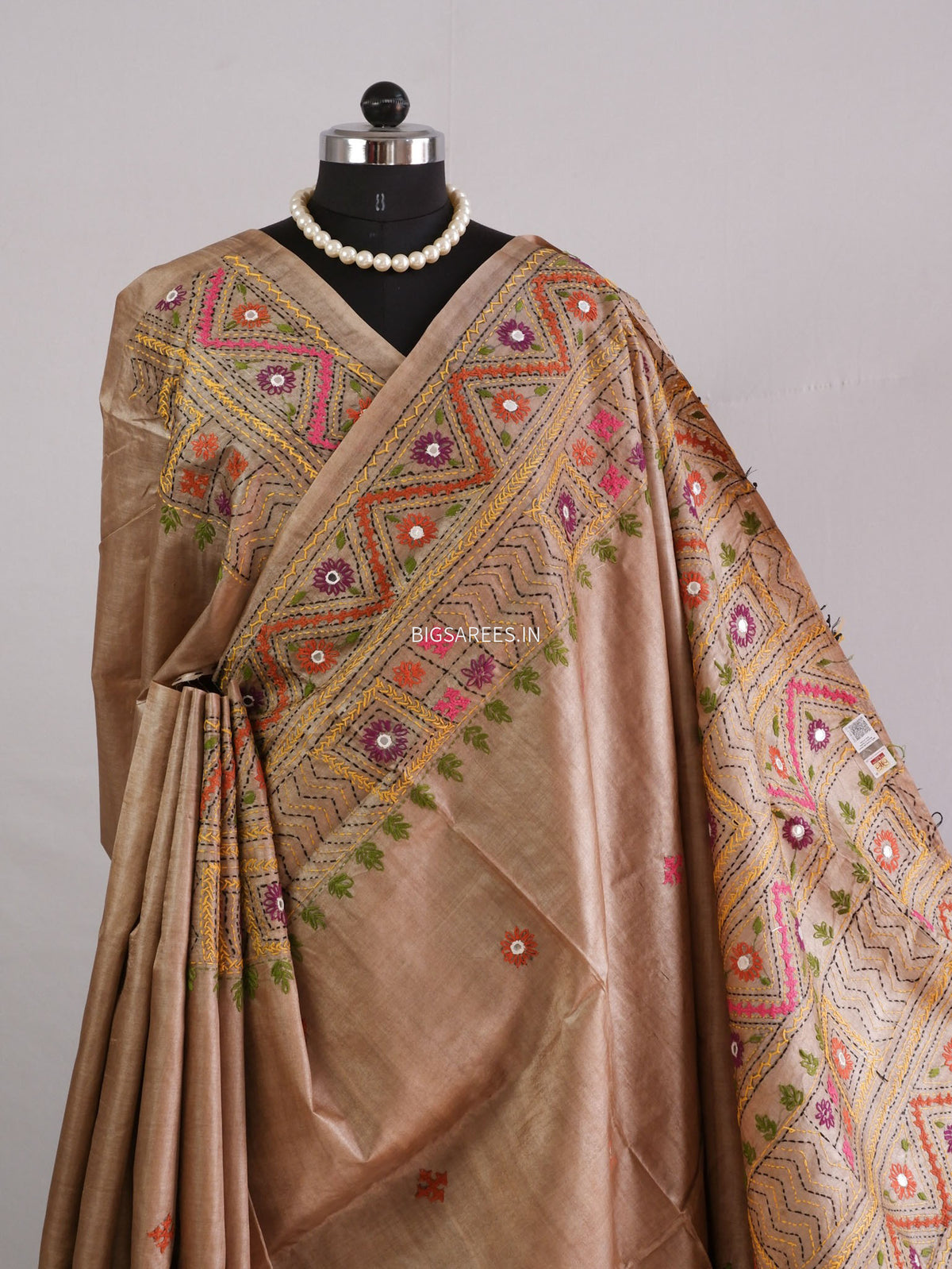 Lambani Hand-Embroidered Saree | Gachi by Gachi Tassar Silk | Brown