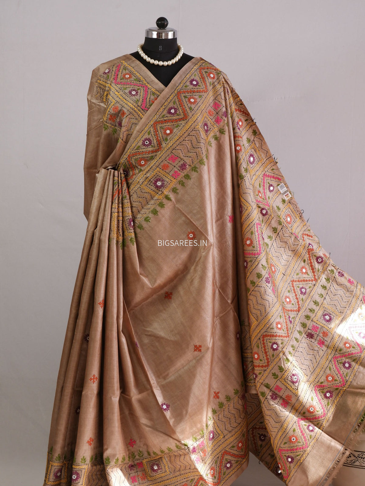 Lambani Hand-Embroidered Saree | Gachi by Gachi Tassar Silk | Brown