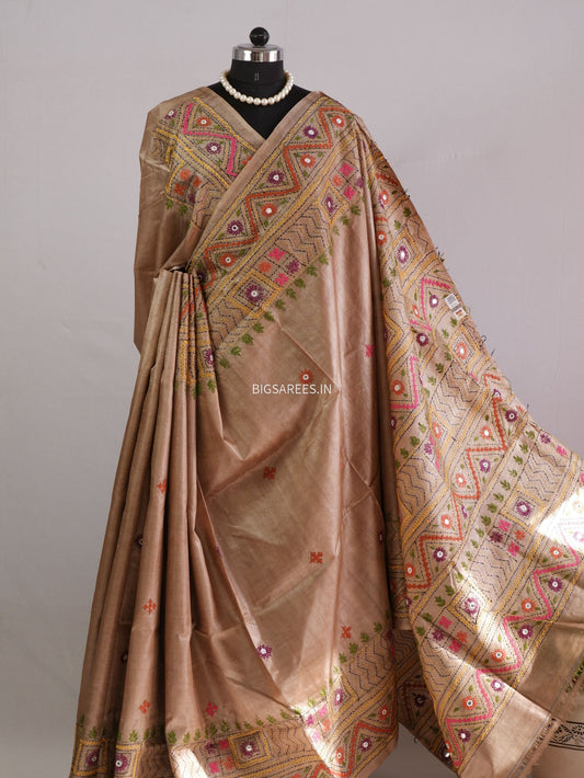 Lambani Hand-Embroidered Saree | Gachi by Gachi Tassar Silk | Brown