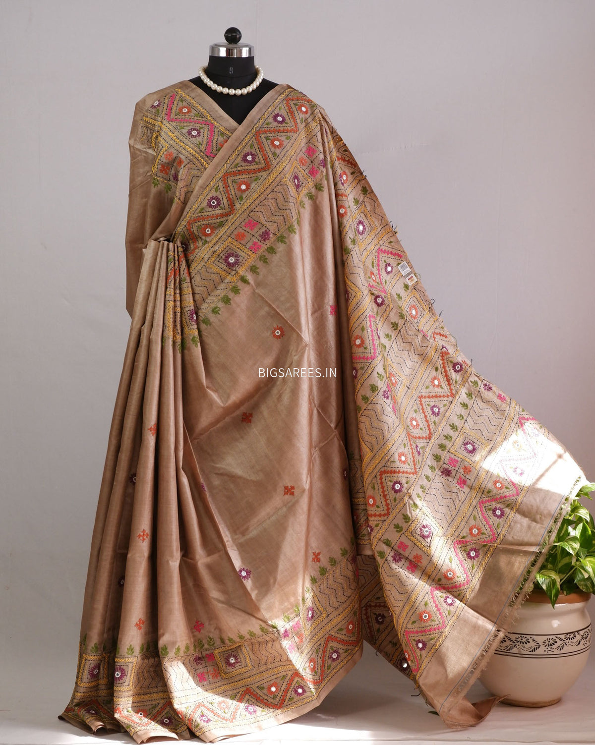 Lambani Hand-Embroidered Saree | Gachi by Gachi Tassar Silk | Brown