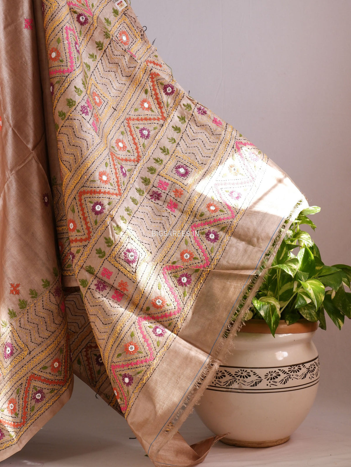 Lambani Hand-Embroidered Saree | Gachi by Gachi Tassar Silk | Brown