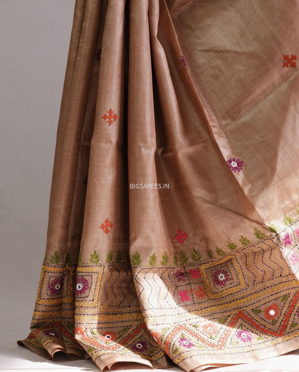 Lambani Hand-Embroidered Saree | Gachi by Gachi Tassar Silk | Brown