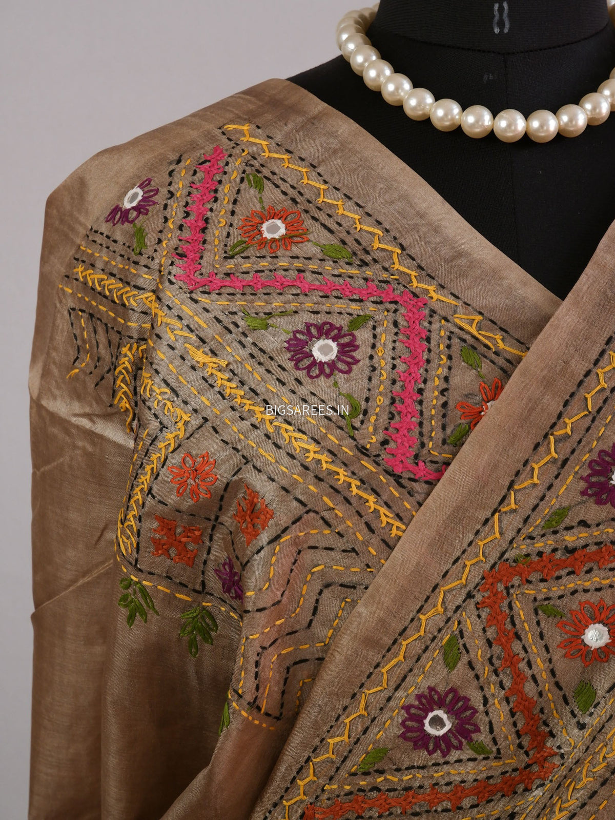 Lambani Hand-Embroidered Saree | Gachi by Gachi Tassar Silk | Brown