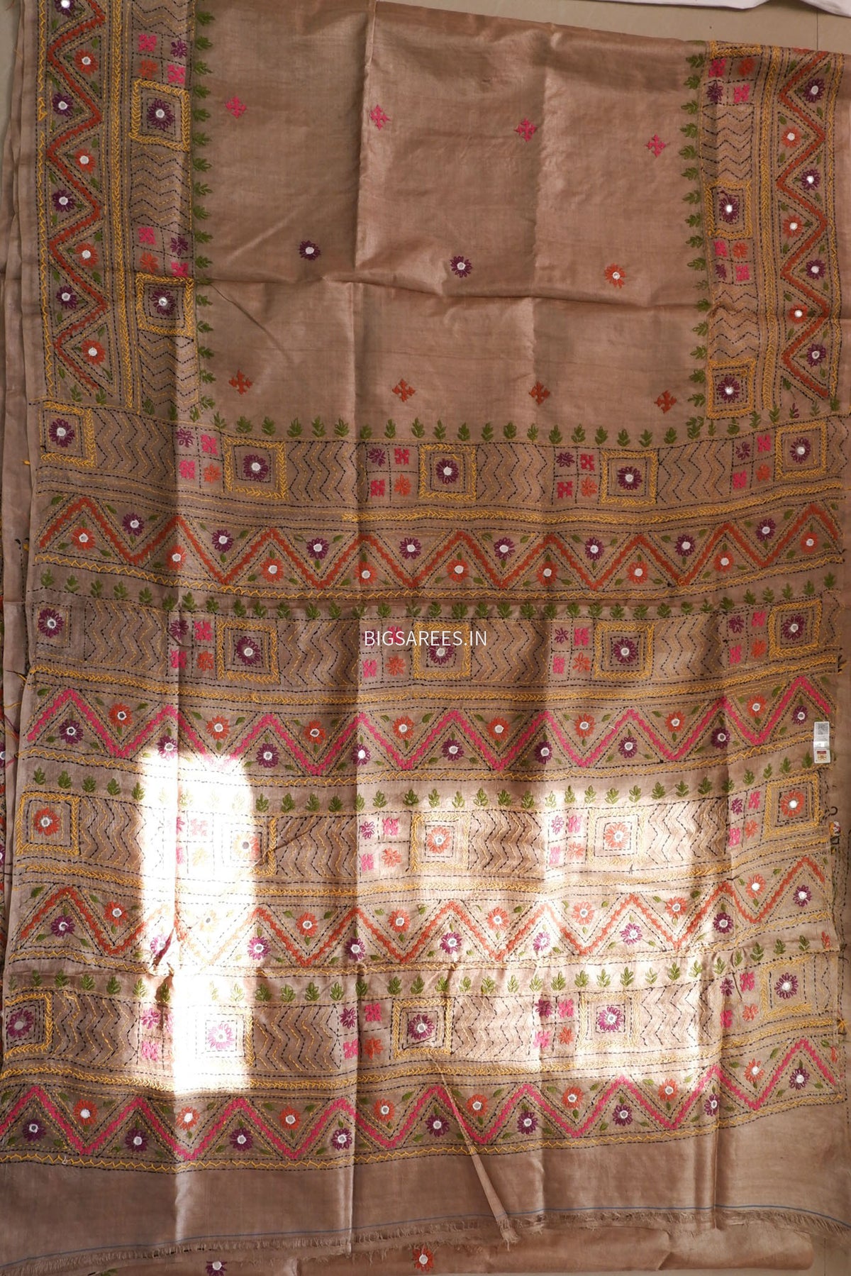Lambani Hand-Embroidered Saree | Gachi by Gachi Tassar Silk | Brown