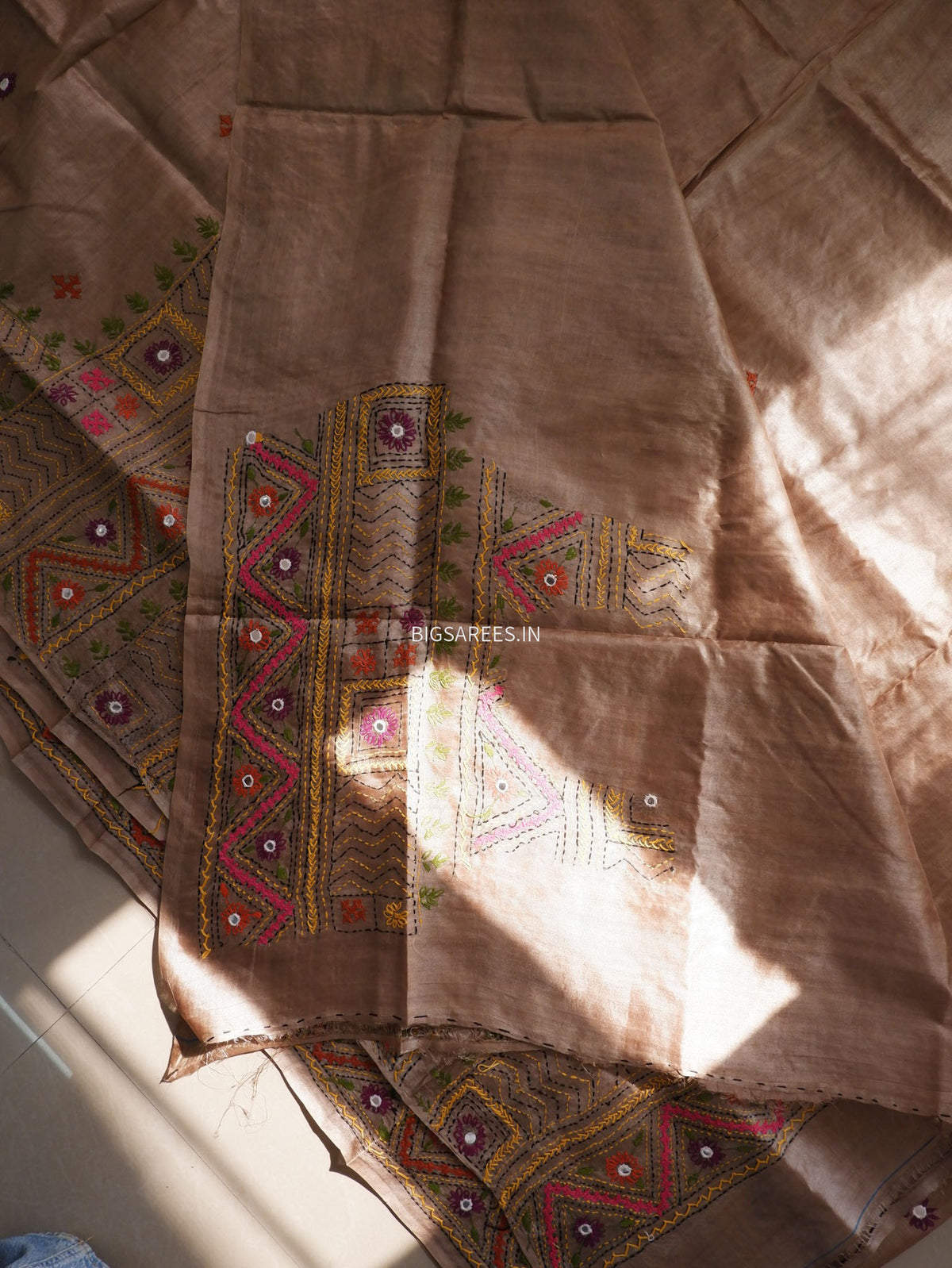 Lambani Hand-Embroidered Saree | Gachi by Gachi Tassar Silk | Brown