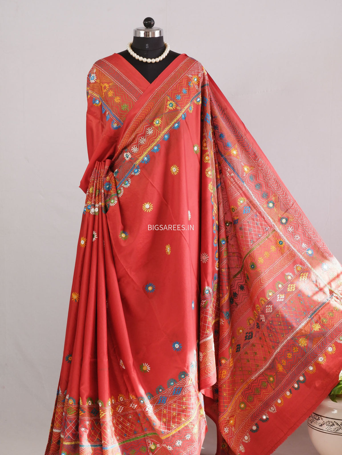 Lambani Hand-Embroidered Saree | Art Silk | Red