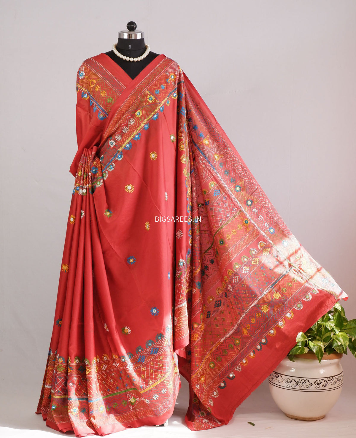 Lambani Hand-Embroidered Saree | Art Silk | Red