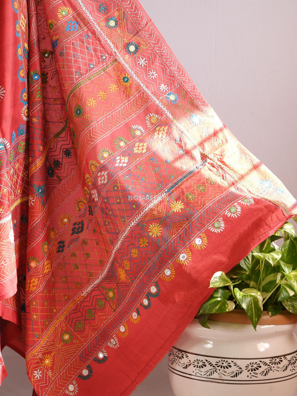 Lambani Hand-Embroidered Saree | Art Silk | Red