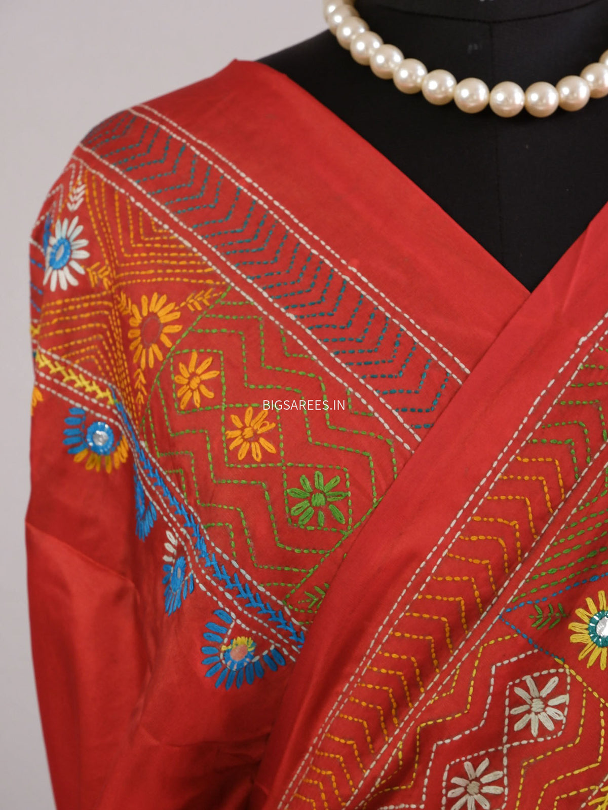 Lambani Hand-Embroidered Saree | Art Silk | Red