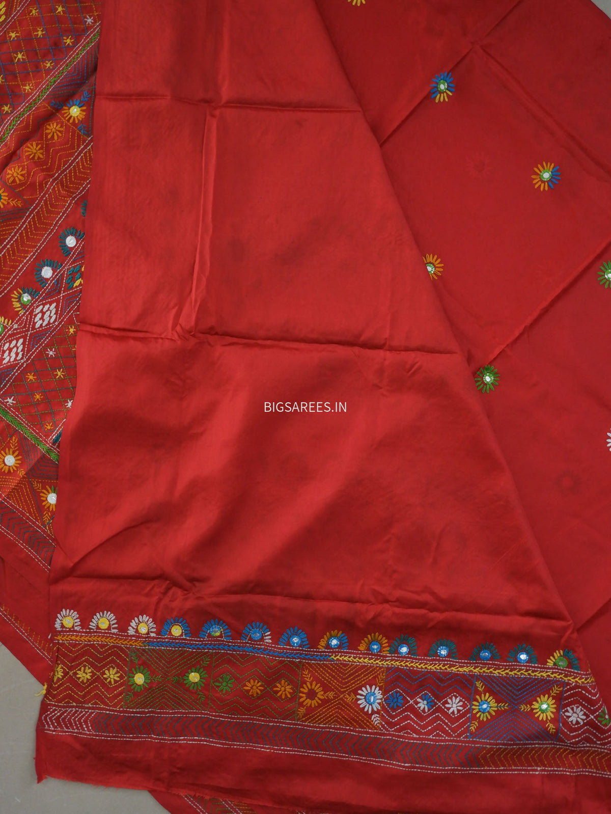 Lambani Hand-Embroidered Saree | Art Silk | Red