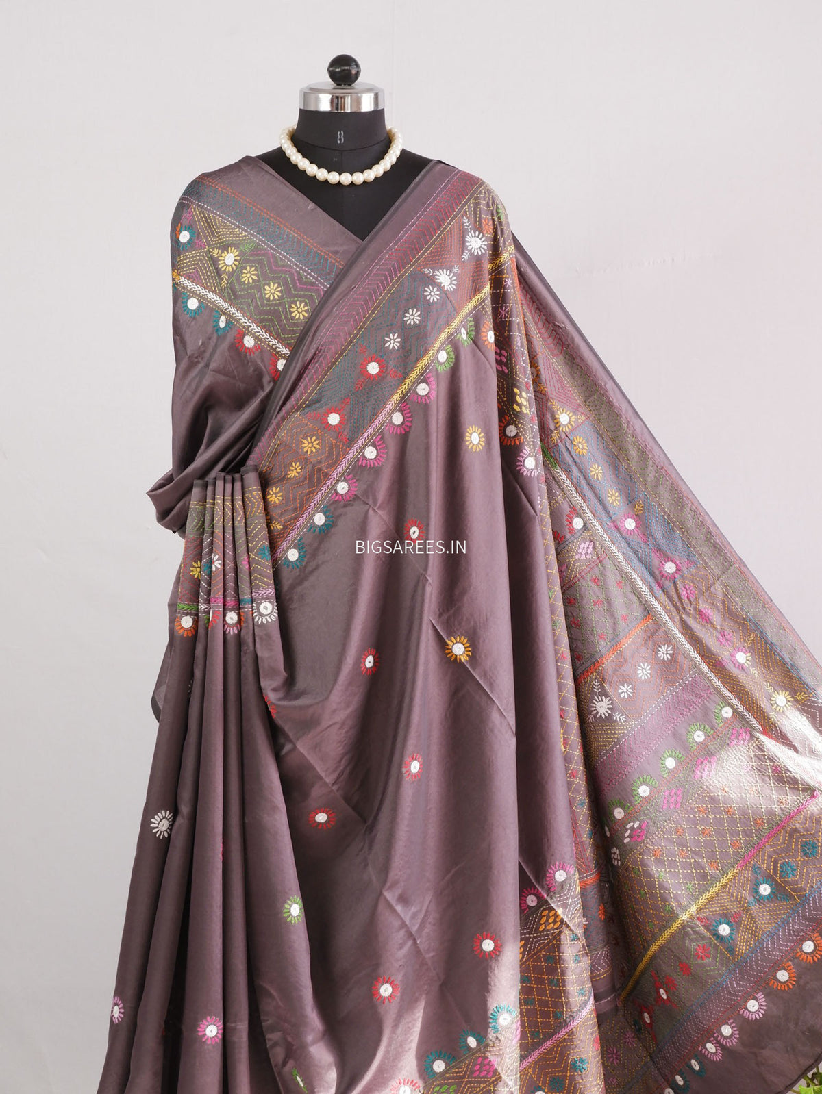 Lambani Hand-Embroidered Saree | Art Silk | Grey