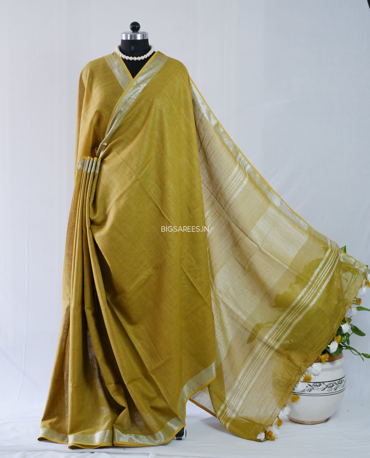 Cotton Linen Saree | Moss Green