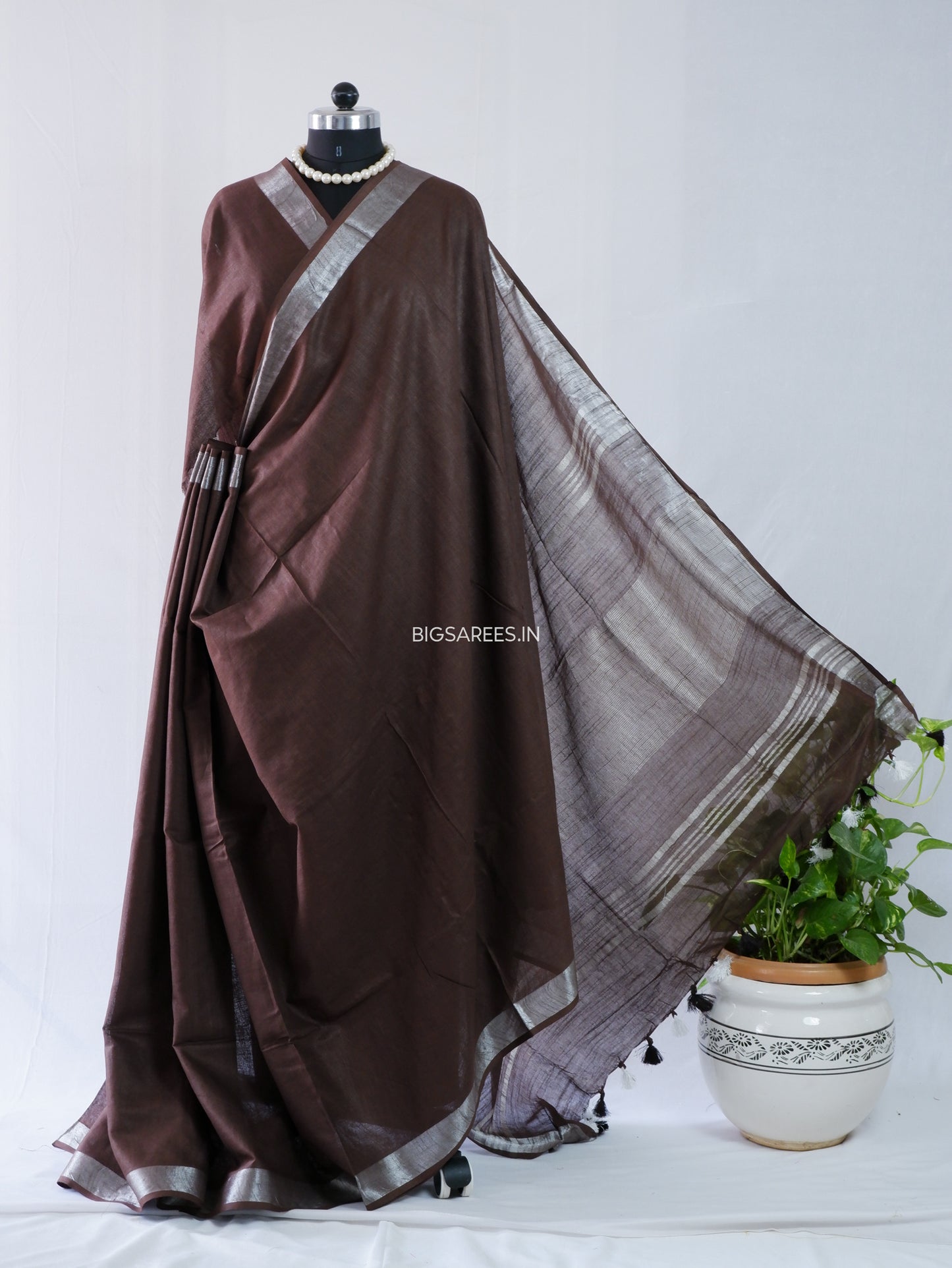 Cotton Linen Saree | Dark Chocolate Brown