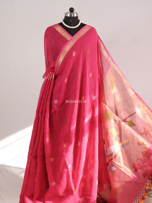 Paithani Style Linen Saree | Jamdani | Pink