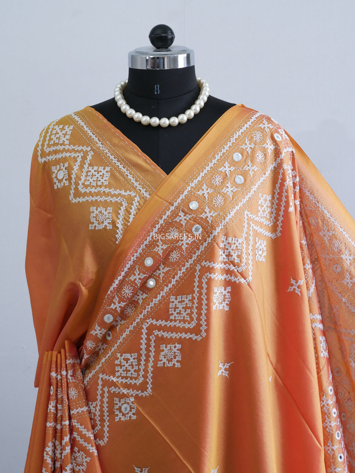 Kutchi/Gujarati Stitch Hand Embroidered Saree | Art Silk | Foil Mirror | Orange