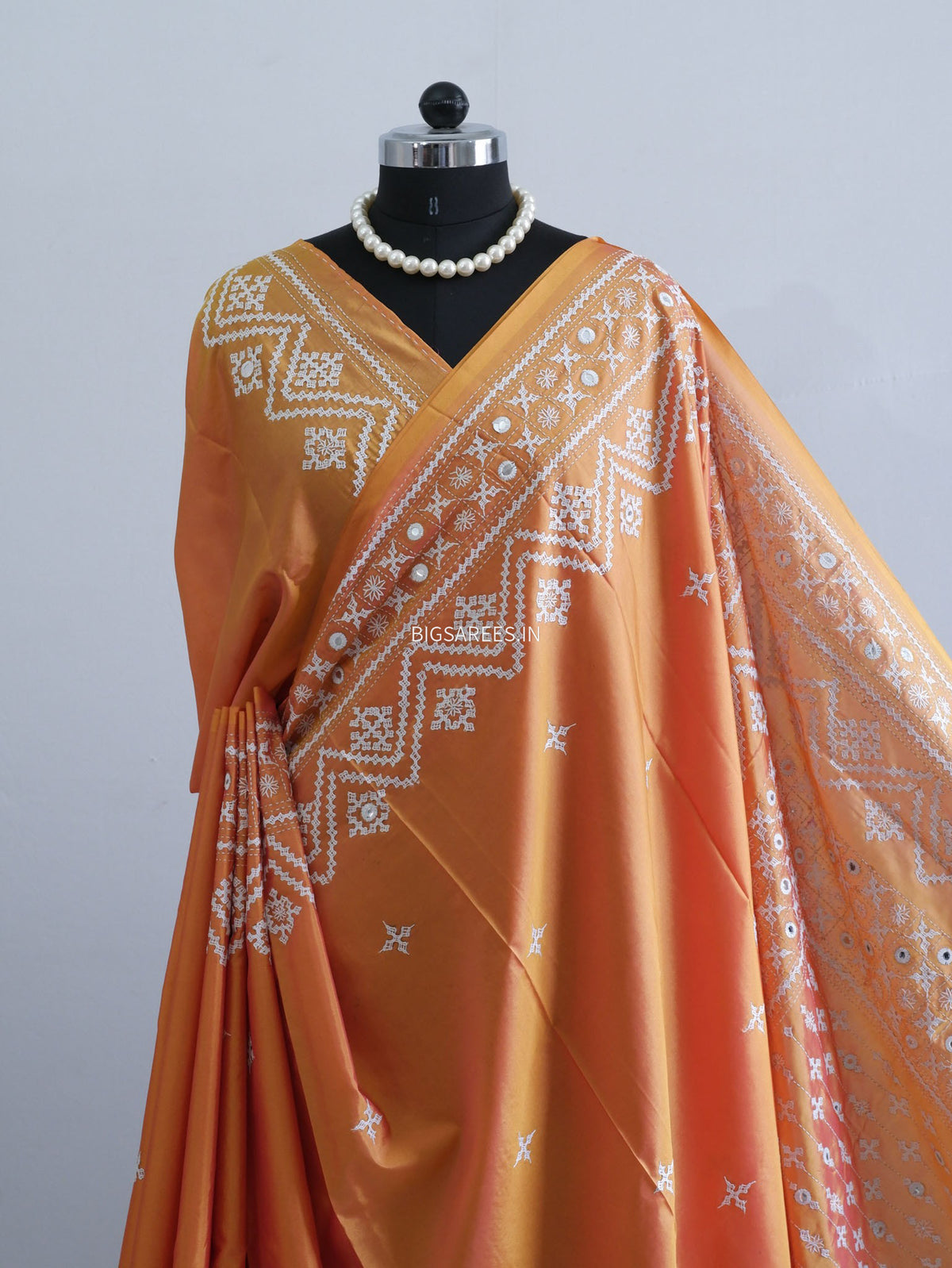 Kutchi/Gujarati Stitch Hand Embroidered Saree | Art Silk | Foil Mirror | Orange