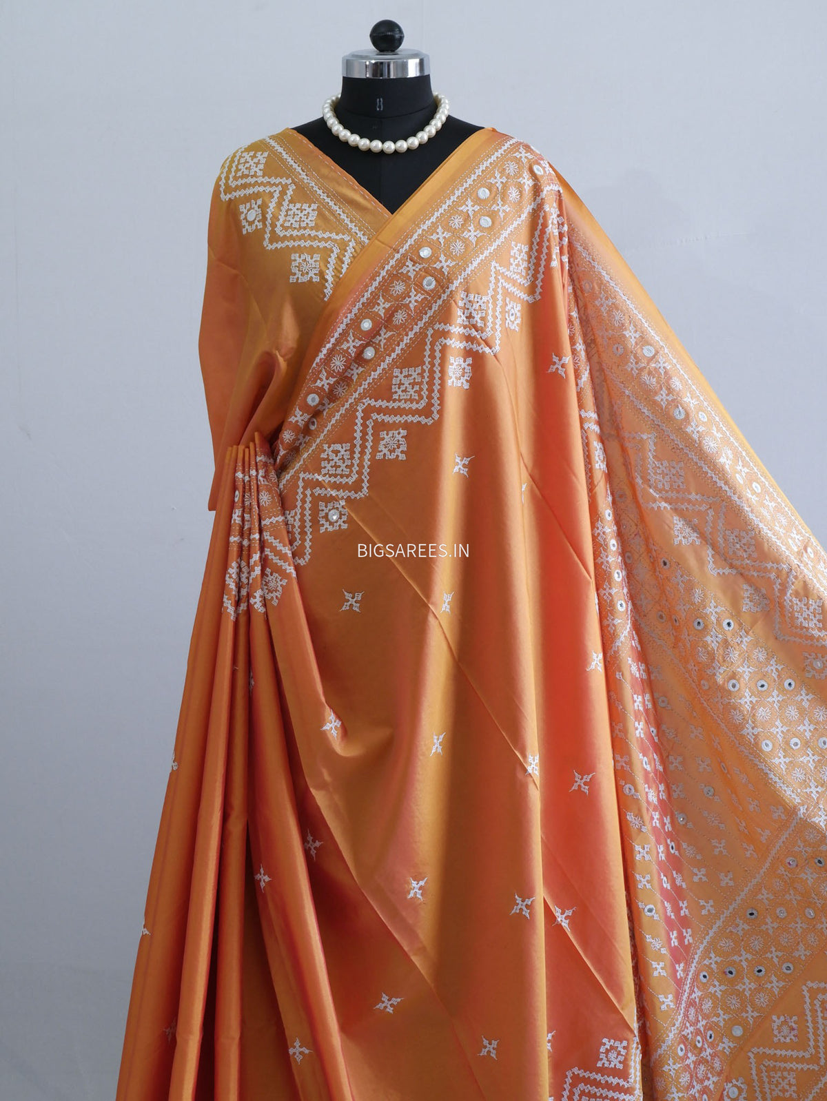 Kutchi/Gujarati Stitch Hand Embroidered Saree | Art Silk | Foil Mirror | Orange