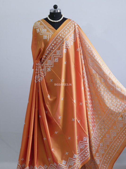 Kutchi/Gujarati Stitch Hand Embroidered Saree | Art Silk | Foil Mirror | Orange