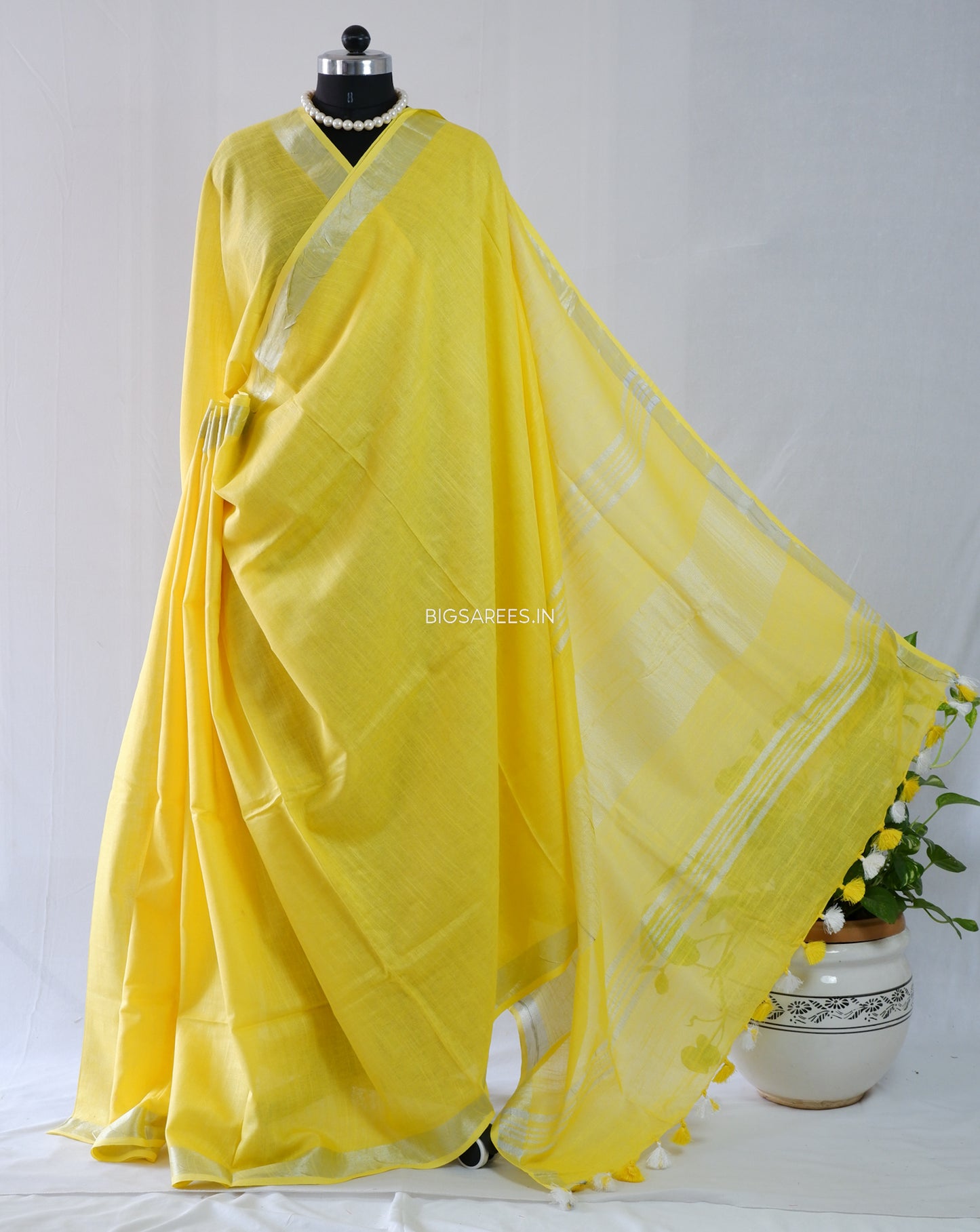 Cotton Linen Saree With Running Blouse | Yellow