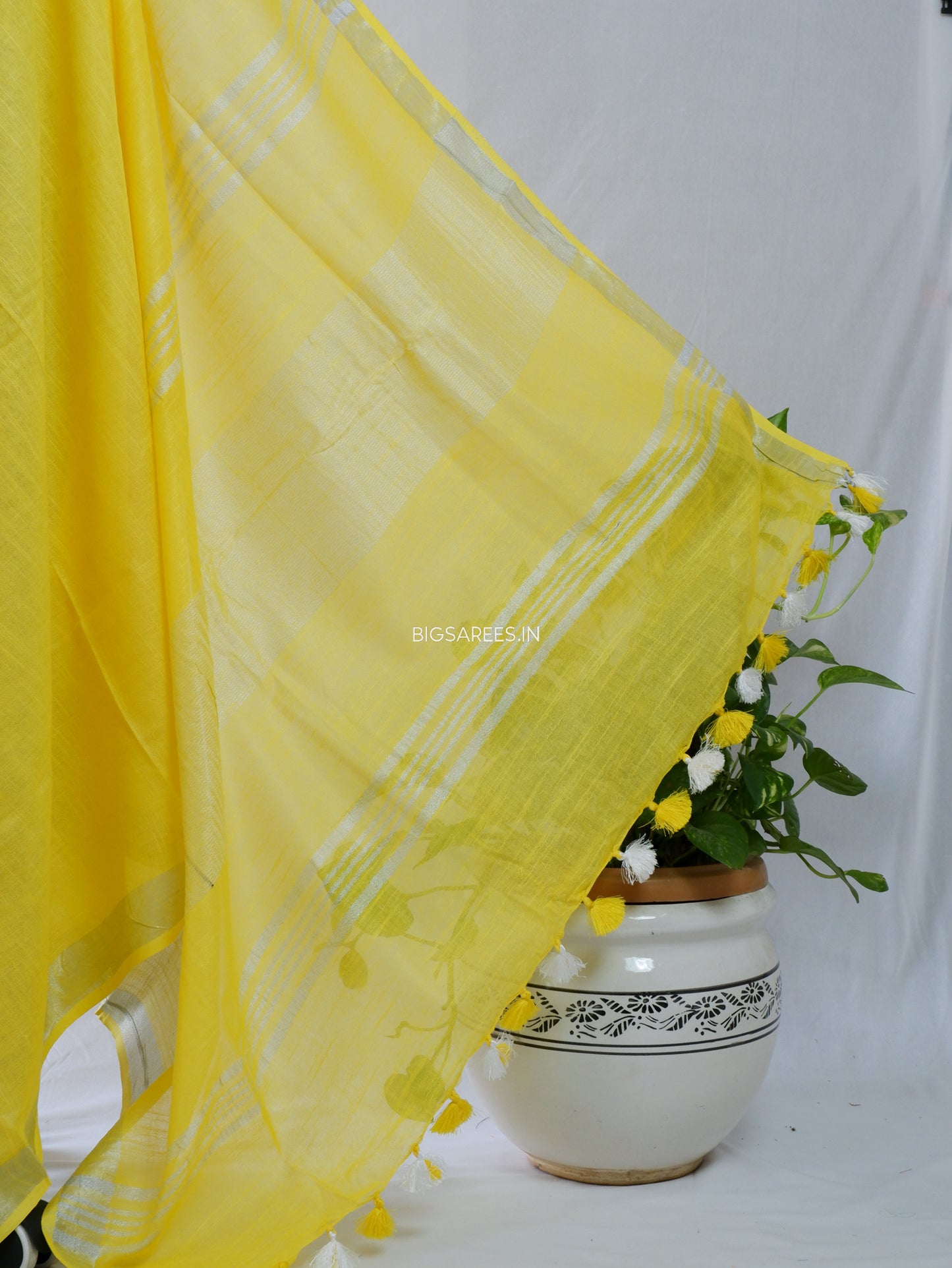 Cotton Linen Saree With Running Blouse | Yellow