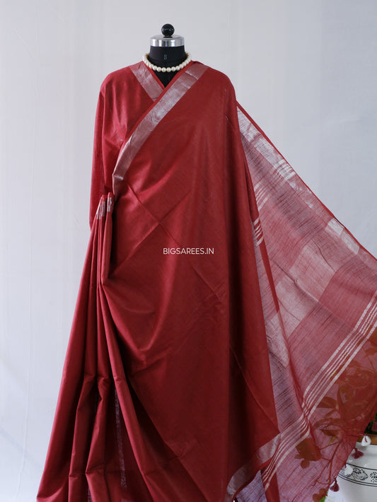 Cotton Linen Saree With Running Blouse | Maroon
