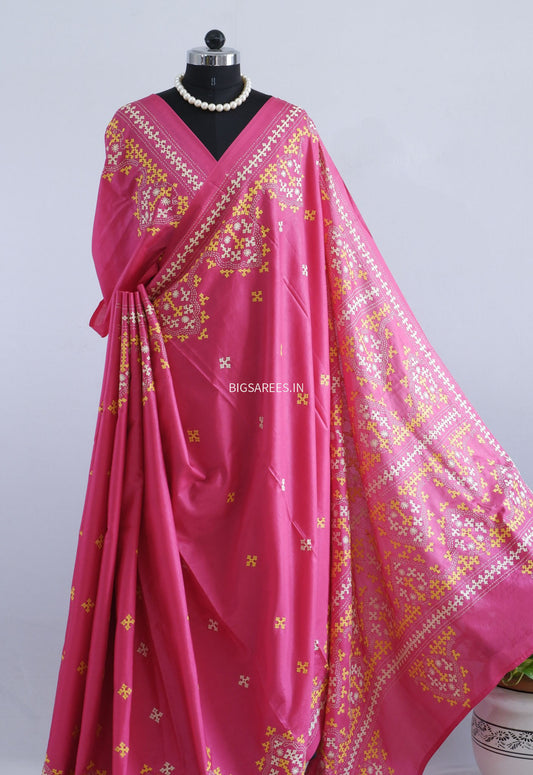Kutchi/Gujarati Stitch Hand Embroidered Saree | Art Silk | Foil Mirror | Pink