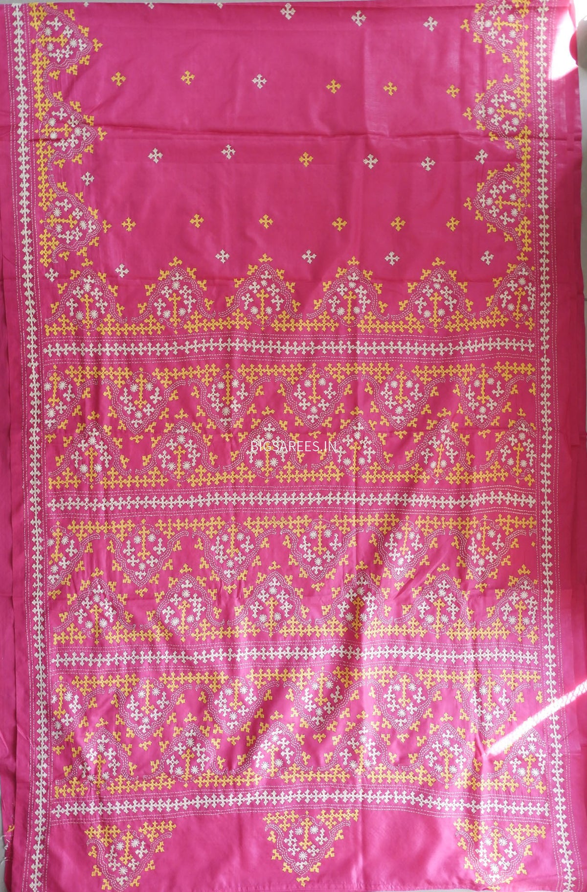 Kutchi/Gujarati Stitch Hand Embroidered Saree | Art Silk | Foil Mirror | Pink