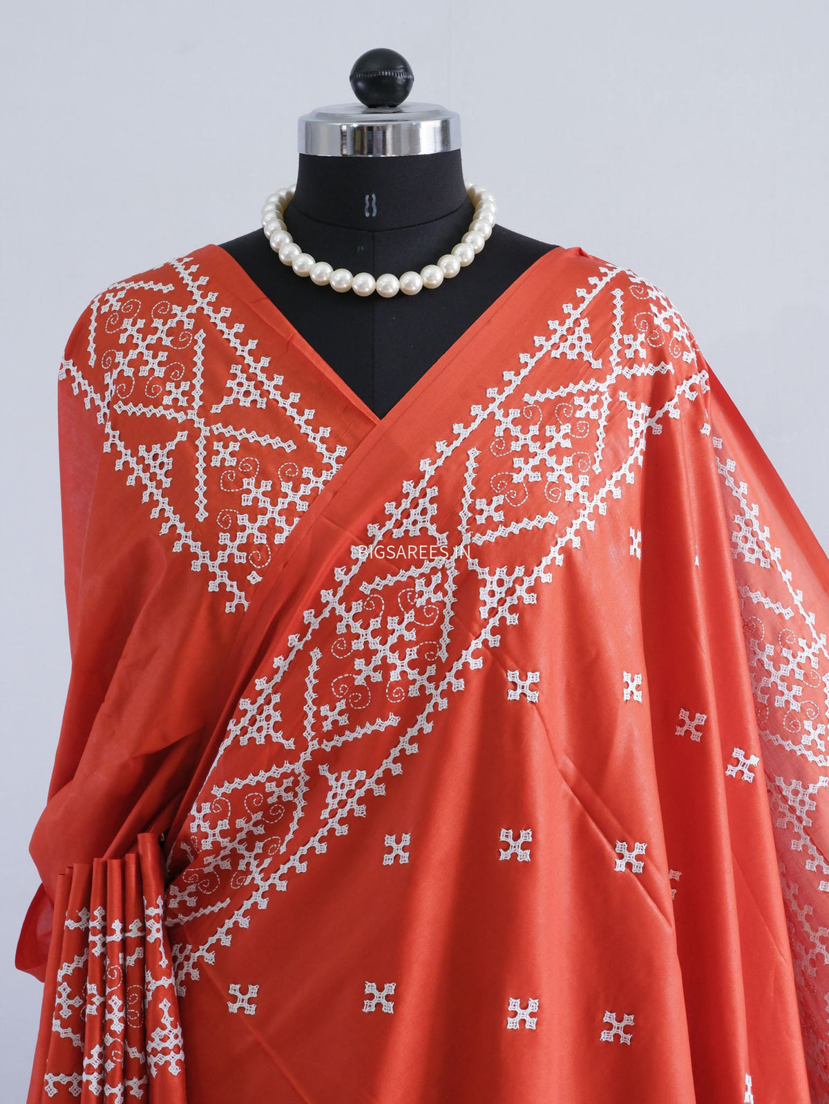 Kutchi/Gujarati Stitch Hand Embroidered Saree | Art Silk | Dark Orange