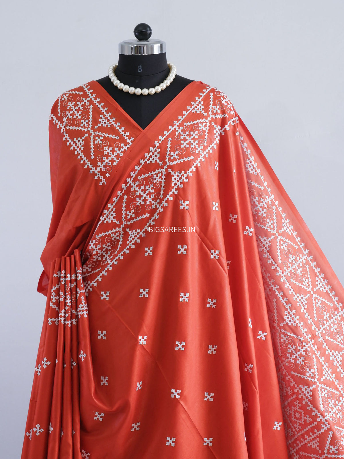 Kutchi/Gujarati Stitch Hand Embroidered Saree | Art Silk | Dark Orange