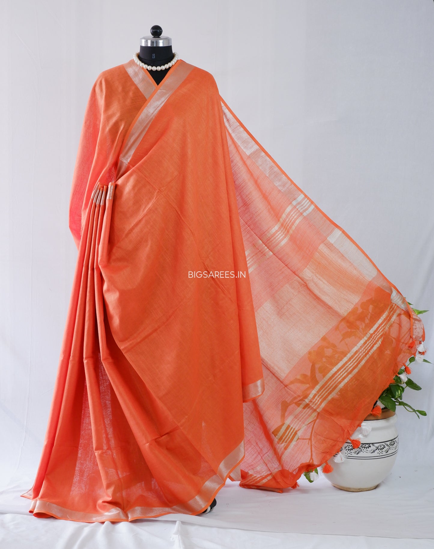 Cotton Linen Saree | Orange