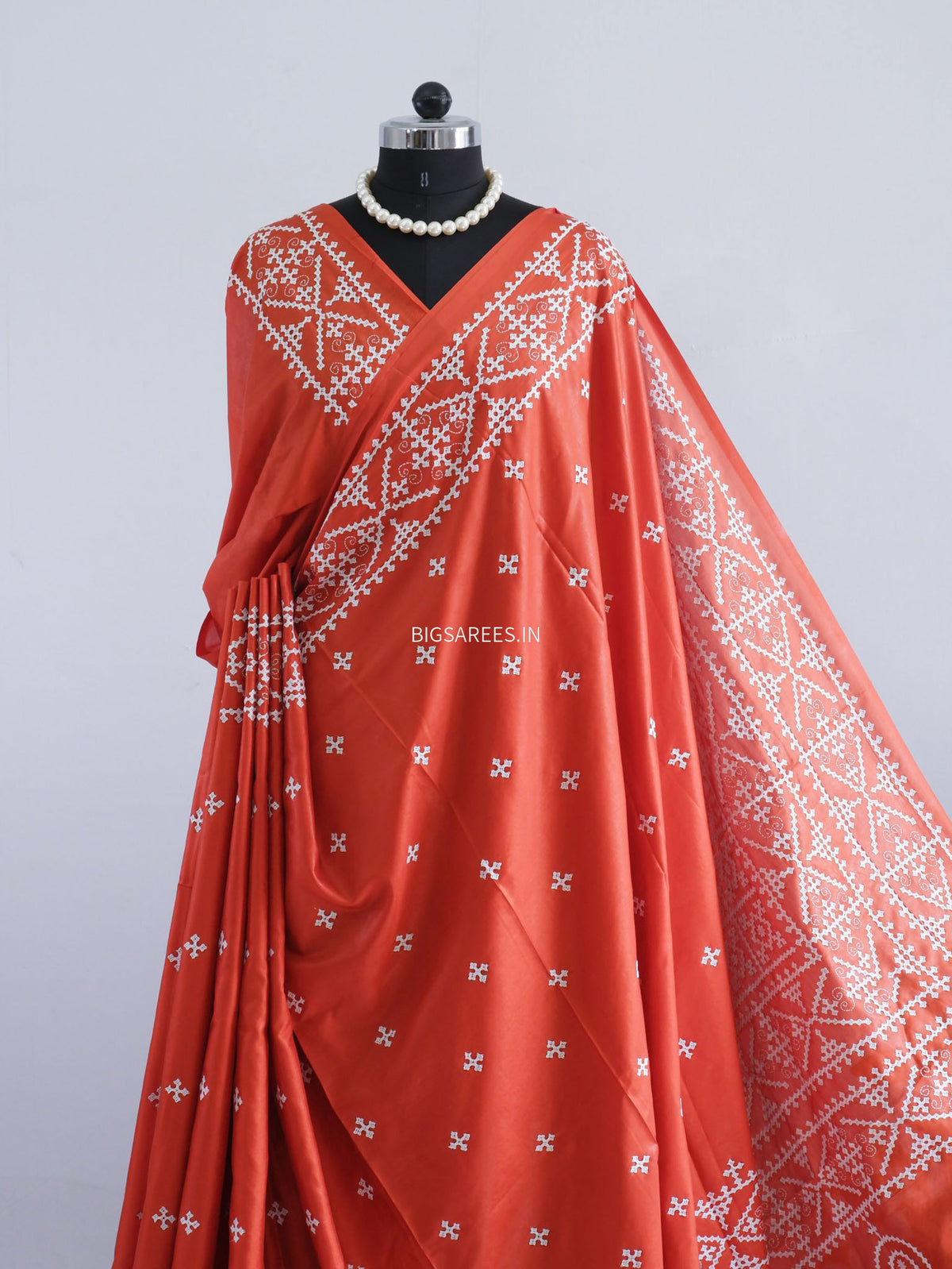 Kutchi/Gujarati Stitch Hand Embroidered Saree | Art Silk | Dark Orange