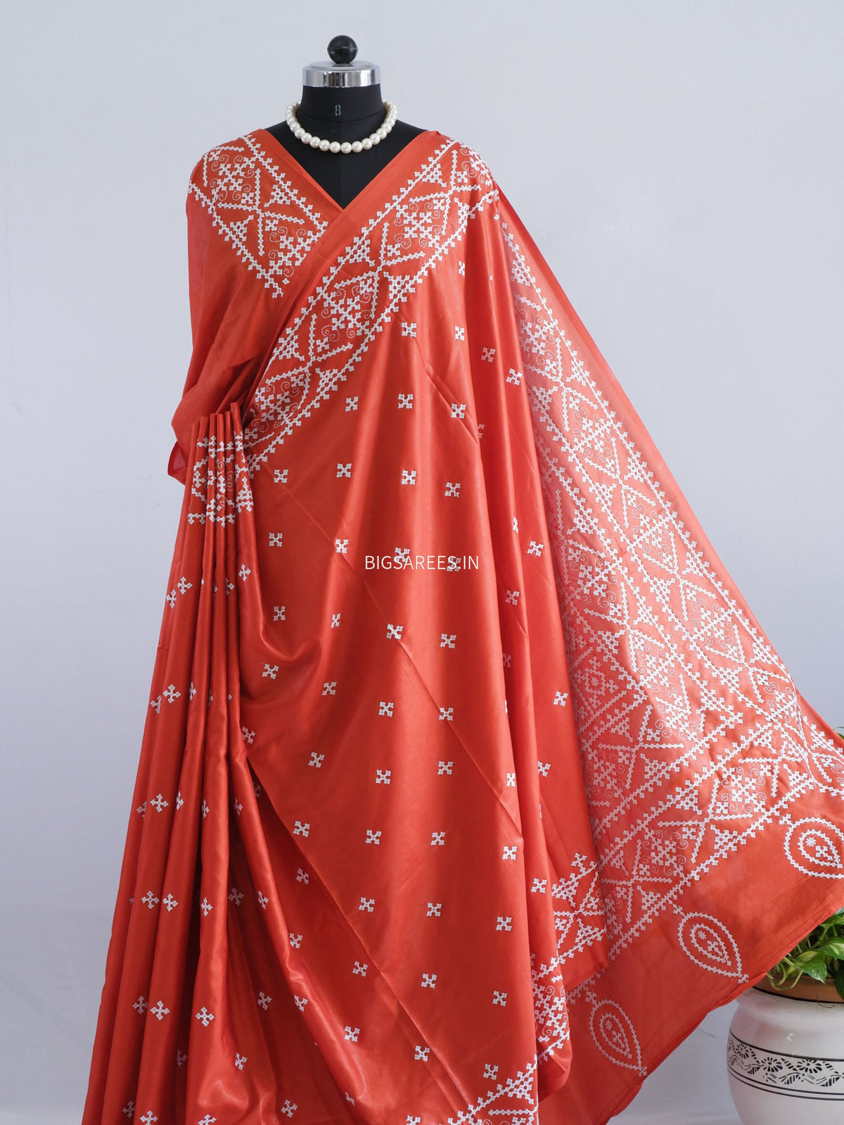 Kutchi/Gujarati Stitch Hand Embroidered Saree | Art Silk | Dark Orange