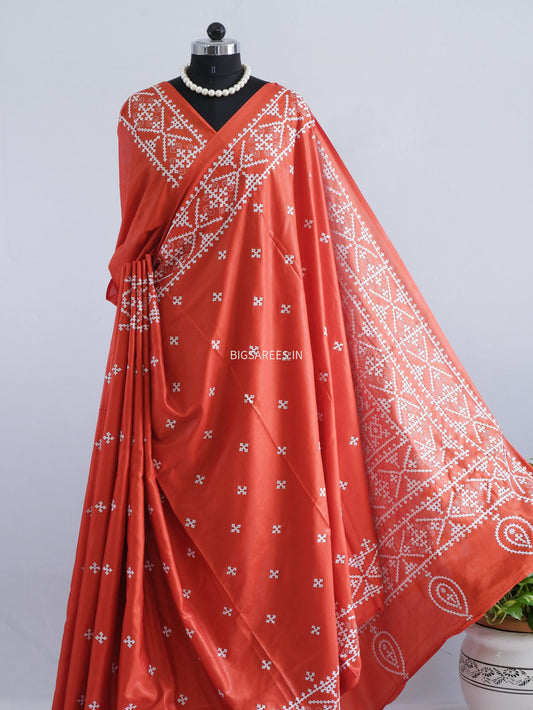 Kutchi/Gujarati Stitch Hand Embroidered Saree | Art Silk | Dark Orange