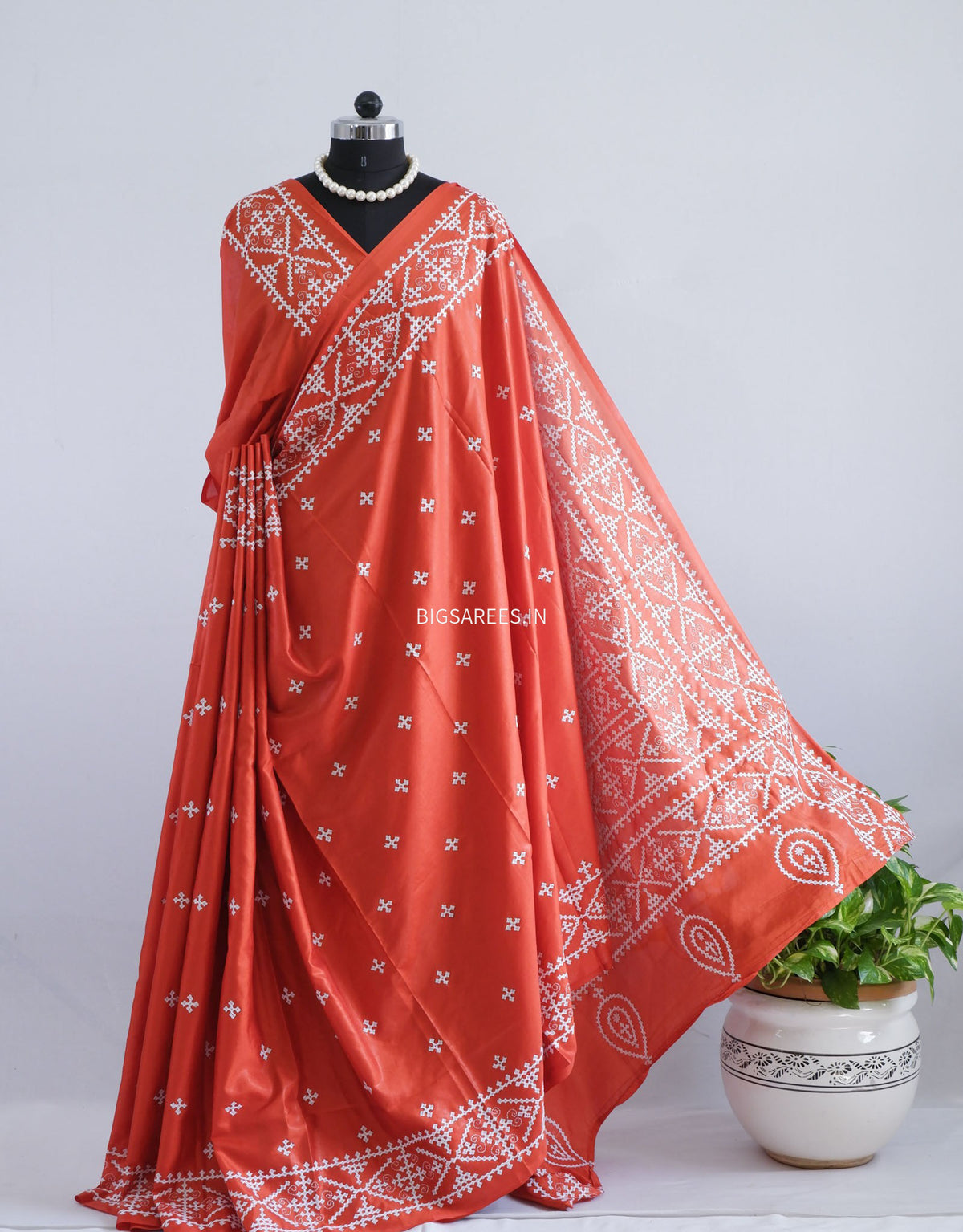 Kutchi/Gujarati Stitch Hand Embroidered Saree | Art Silk | Dark Orange