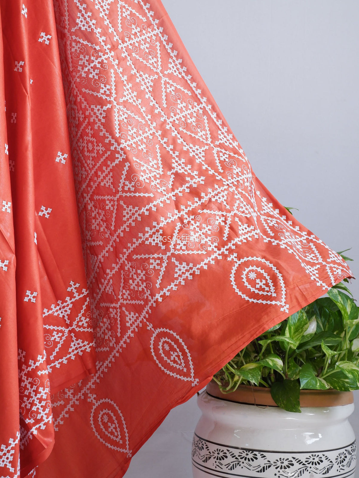 Kutchi/Gujarati Stitch Hand Embroidered Saree | Art Silk | Dark Orange