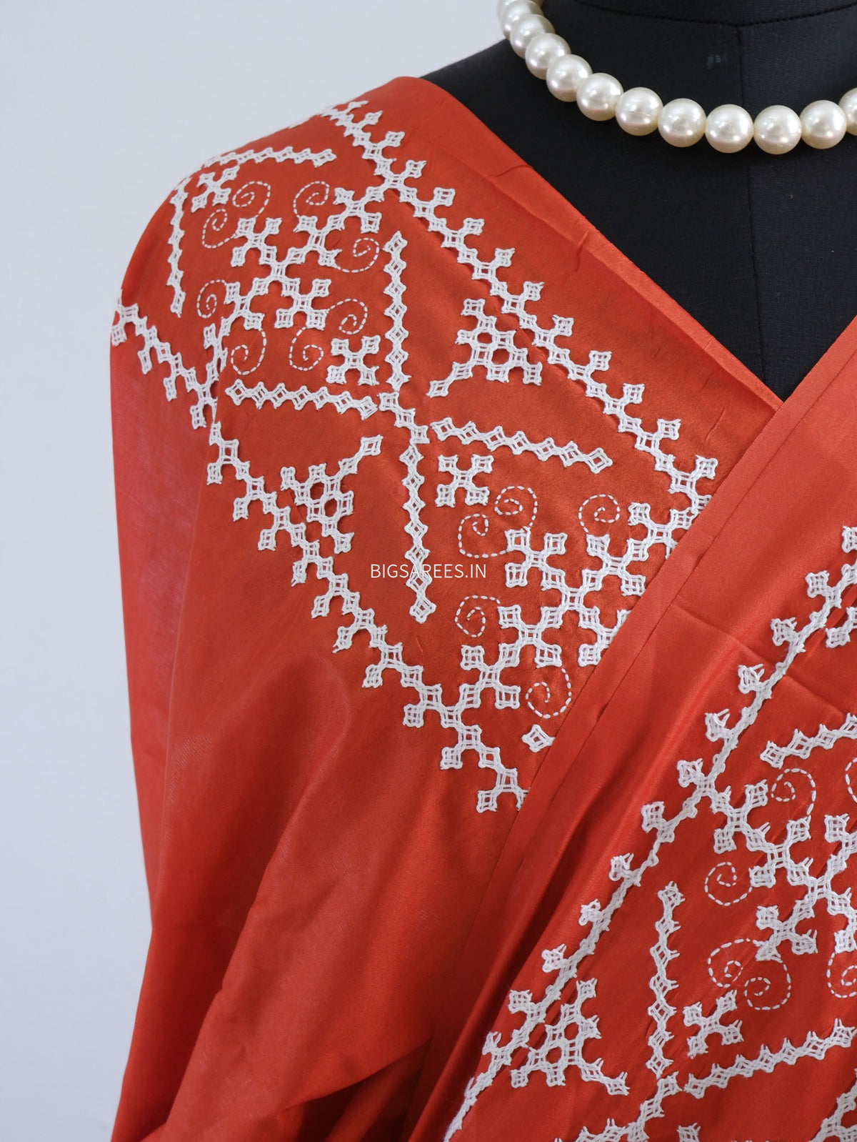 Kutchi/Gujarati Stitch Hand Embroidered Saree | Art Silk | Dark Orange
