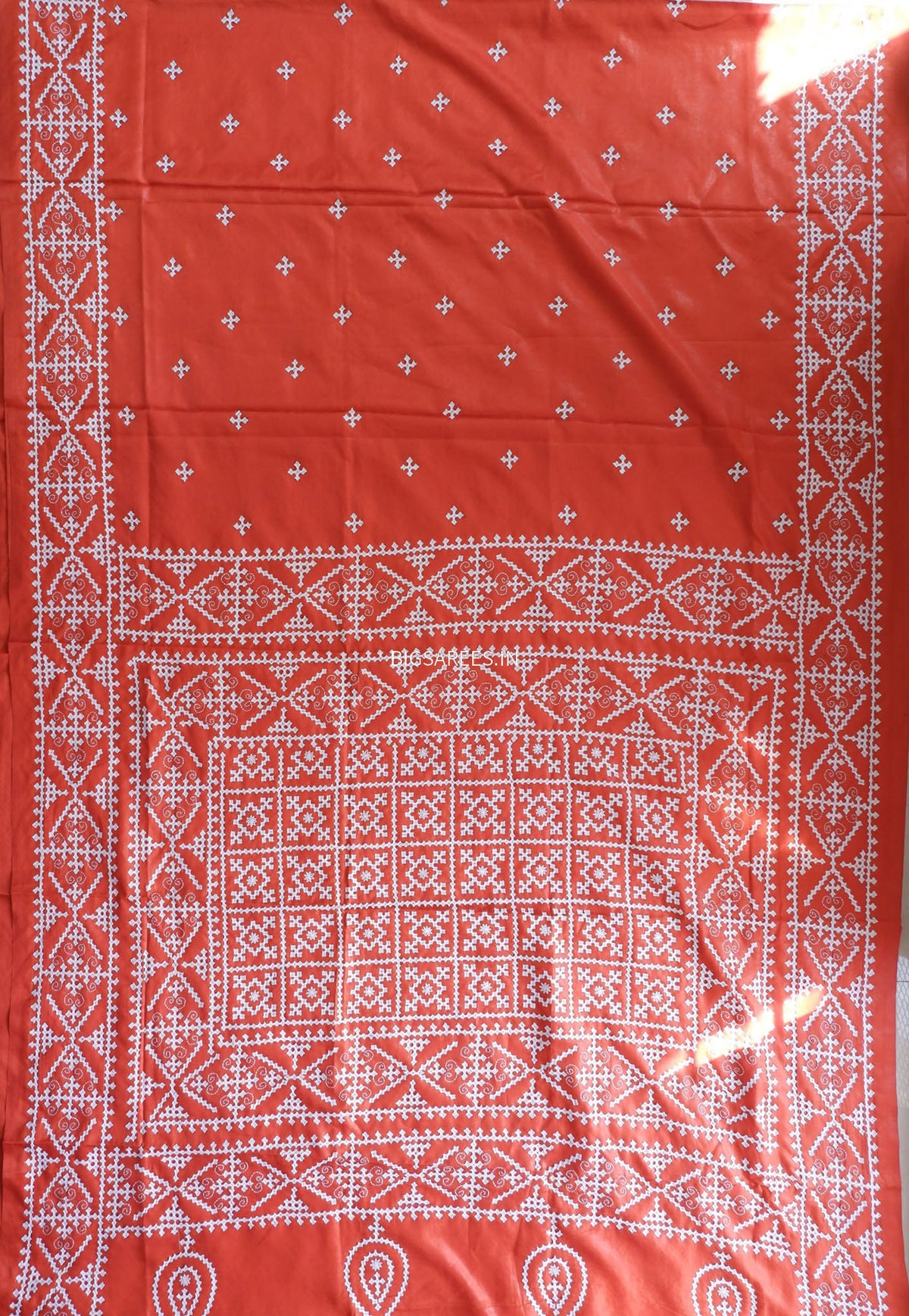 Kutchi/Gujarati Stitch Hand Embroidered Saree | Art Silk | Dark Orange