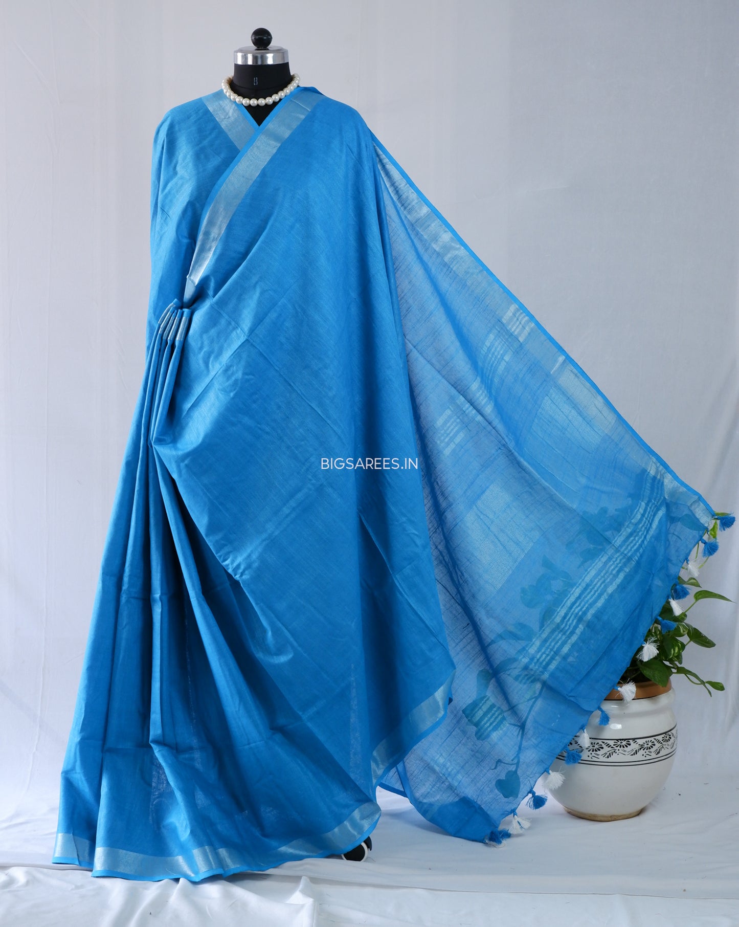 Cotton Linen Saree | Blue