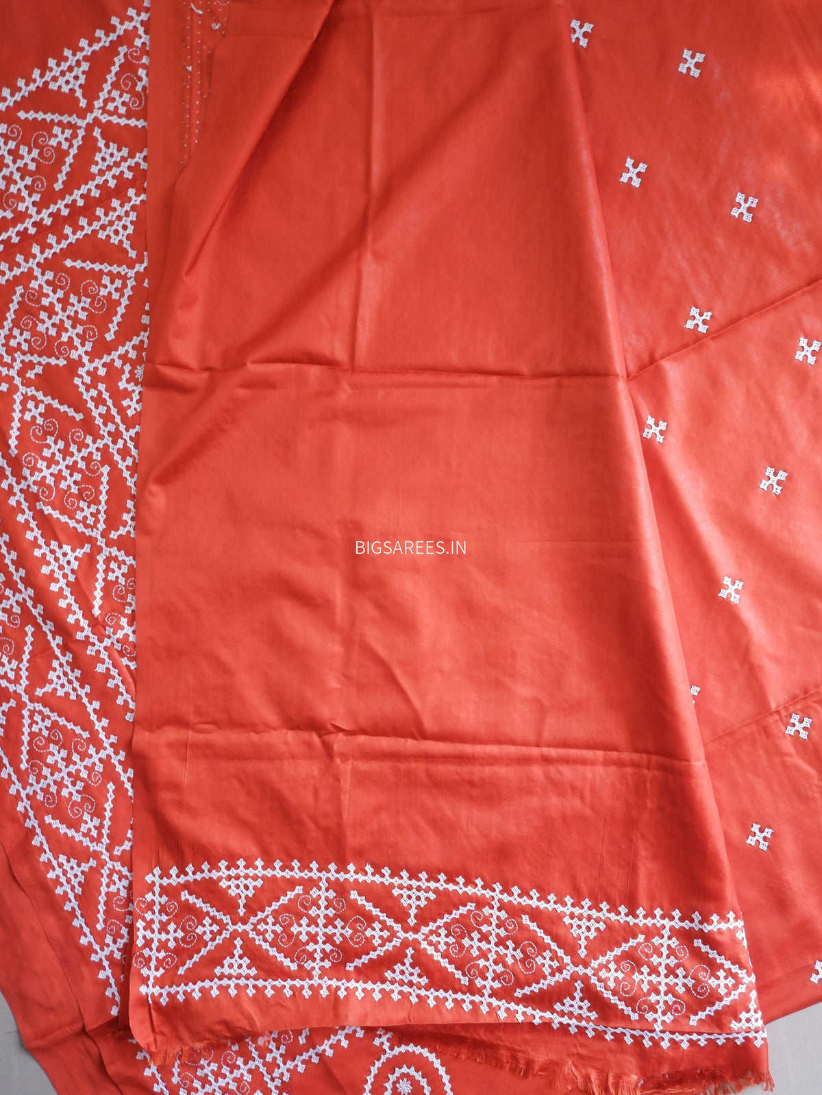 Kutchi/Gujarati Stitch Hand Embroidered Saree | Art Silk | Dark Orange