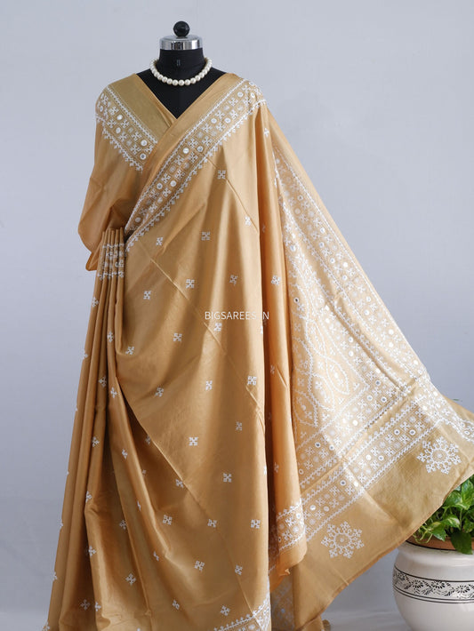 Kutchi/Gujarati Stitch Hand Embroidered Saree | Art Silk | Foil Mirror | Sand