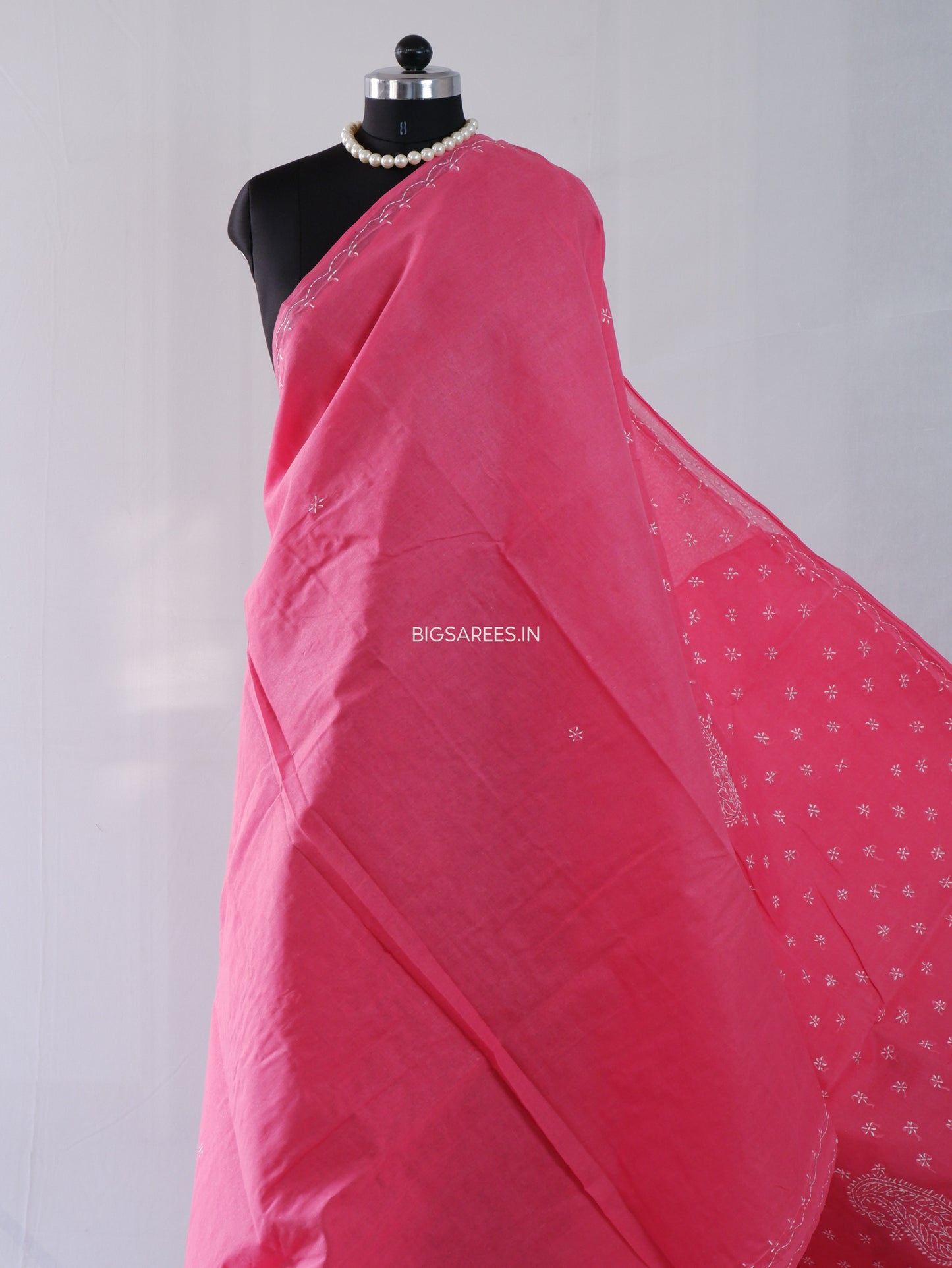 Chikankari Hand-Embroidered Saree | Cotton | Dark Pink