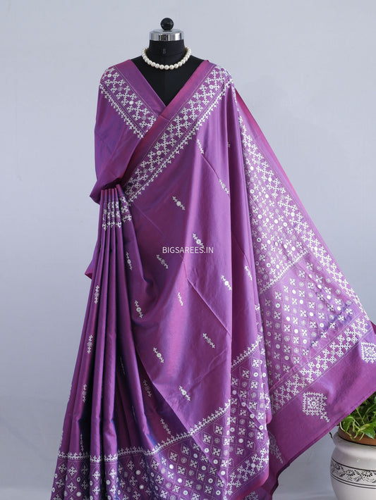 Kutchi/Gujarati Stitch Hand Embroidered Saree | Art Silk | Foil Mirror | Dark Purple (Dual Tone)