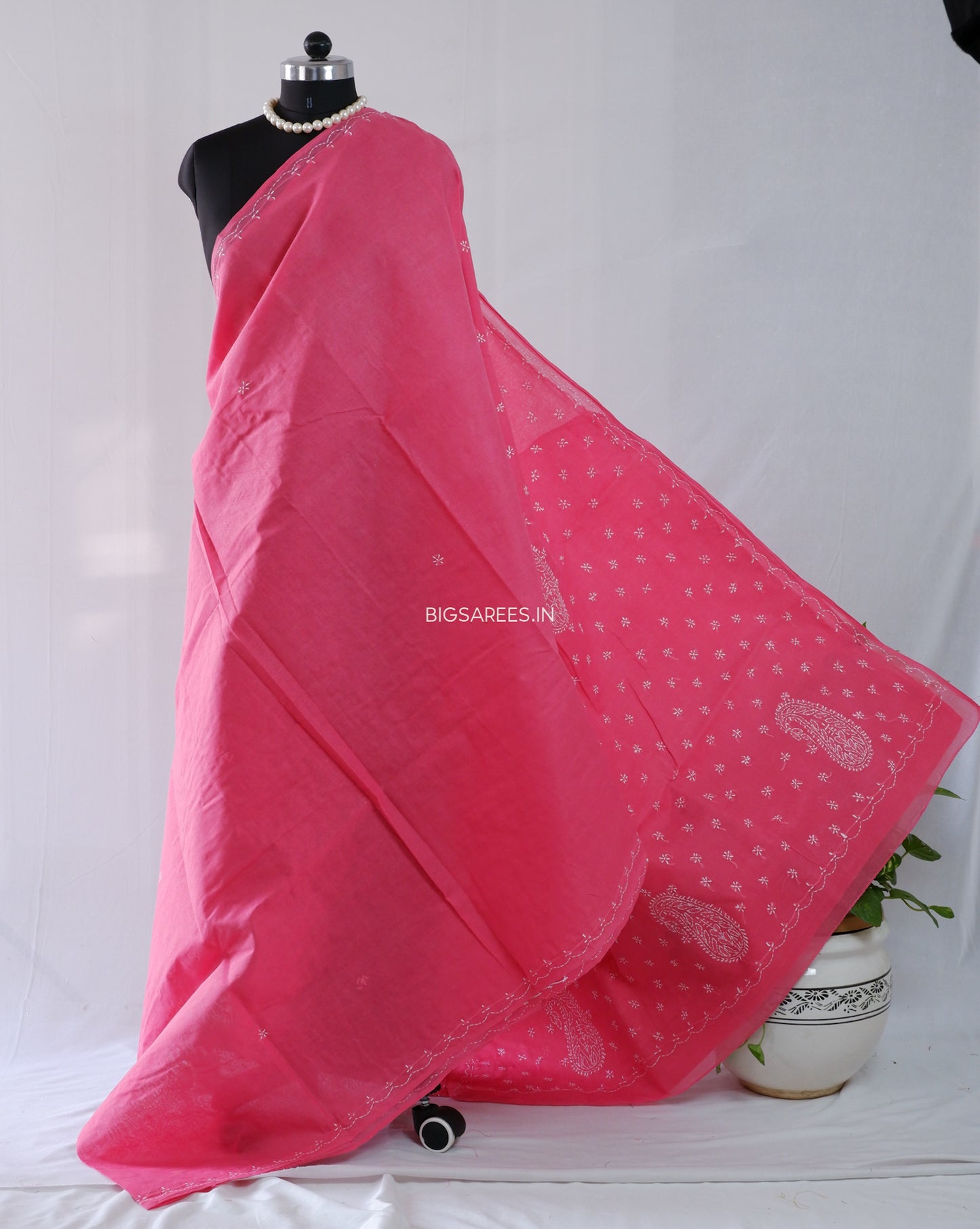 Chikankari Hand-Embroidered Saree | Cotton | Dark Pink