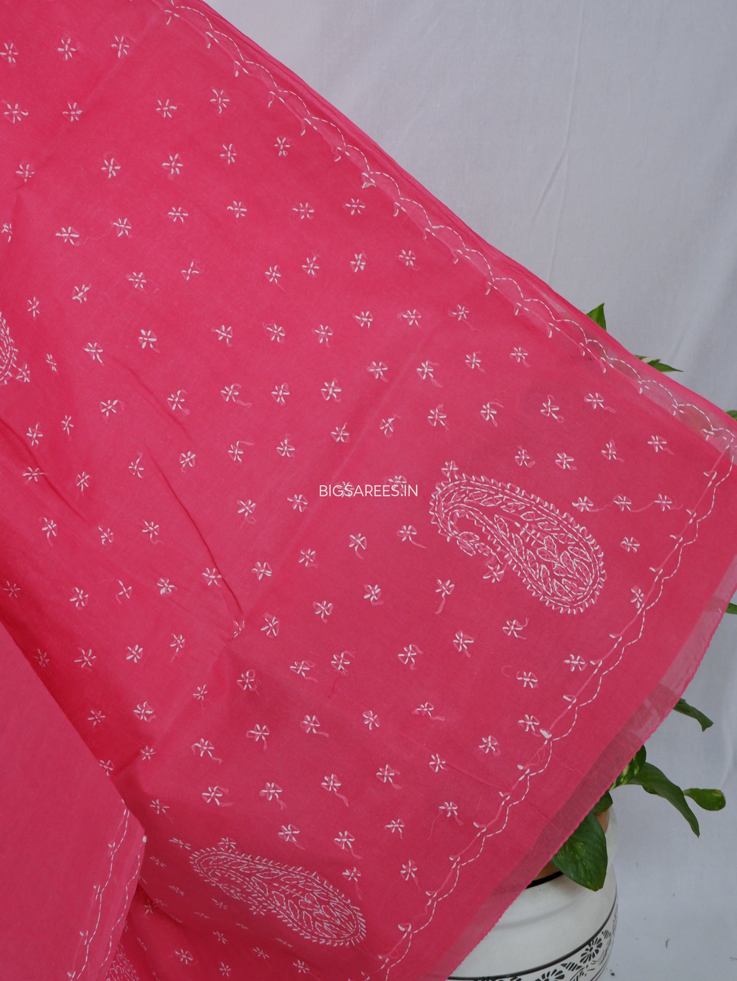 Chikankari Hand-Embroidered Saree | Cotton | Dark Pink