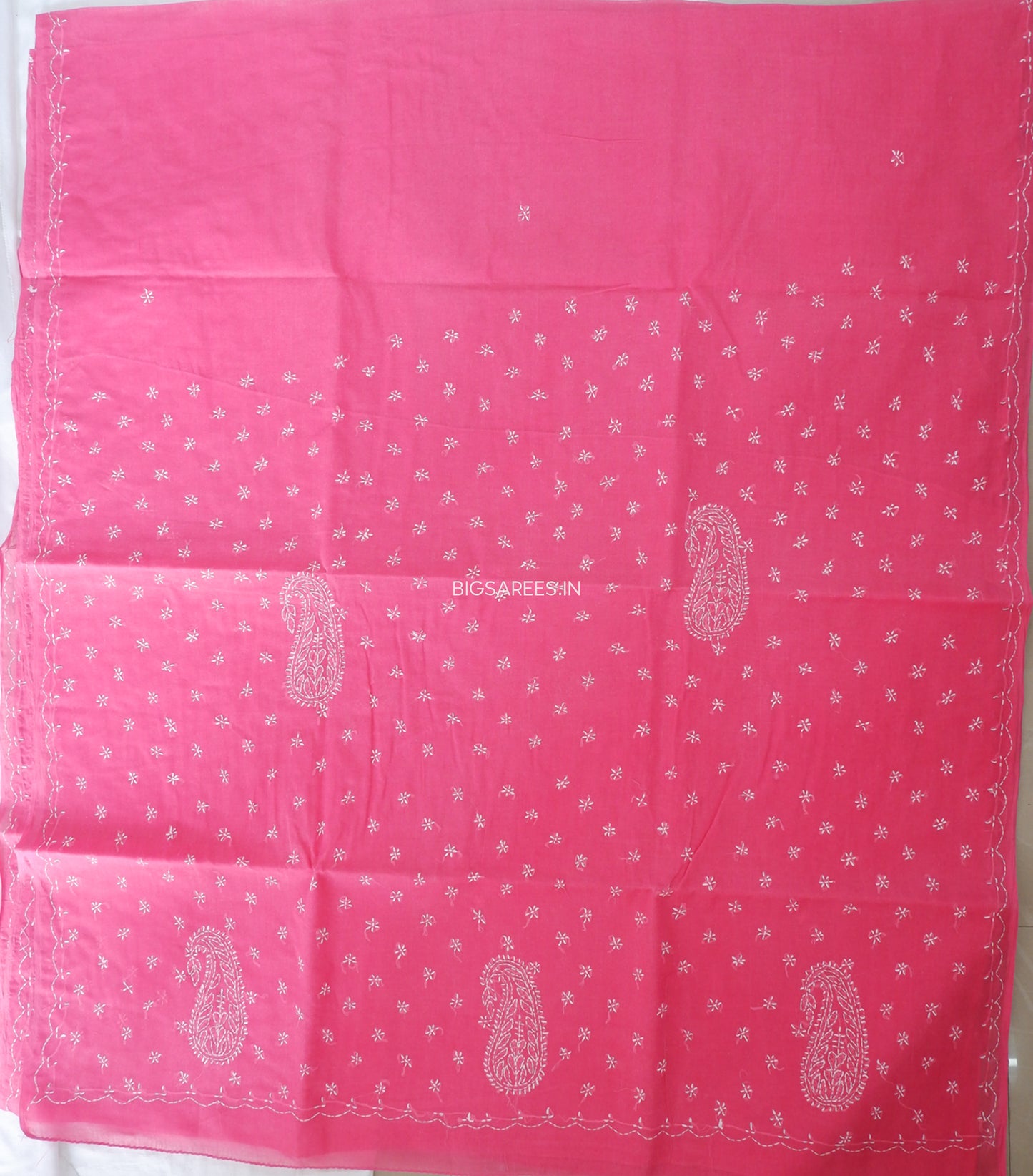 Chikankari Hand-Embroidered Saree | Cotton | Dark Pink
