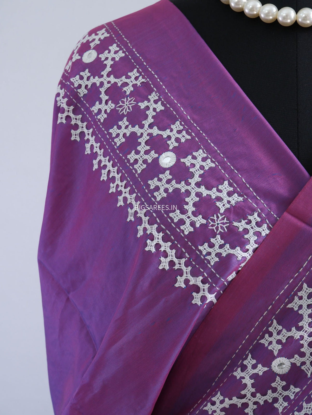 Kutchi/Gujarati Stitch Hand Embroidered Saree | Art Silk | Foil Mirror | Dark Purple (Dual Tone)