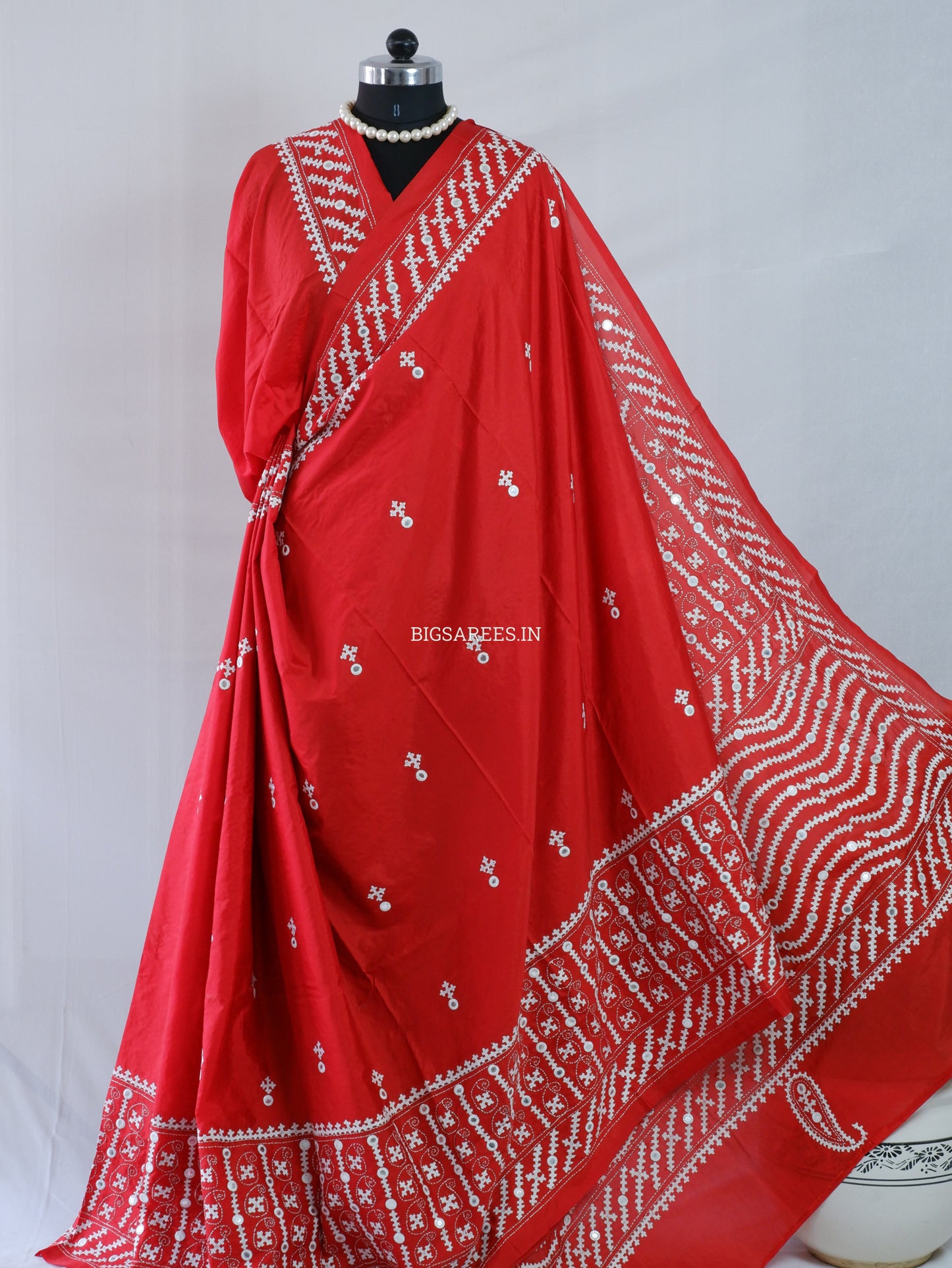 Kutchi/Gujarati Stitch Hand Embroidered Saree | Art Silk | Foil Mirror | Red